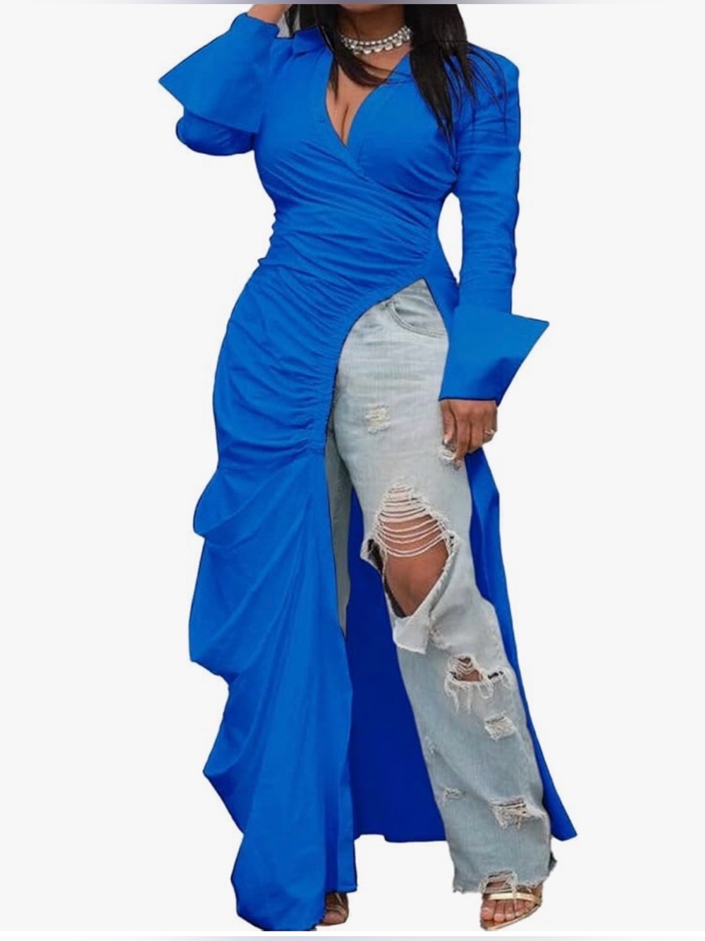Amazon NWT Royal Blue Side Slit Maxi Tunic Shirt Dress - Size [X] - Picture 4 of 7